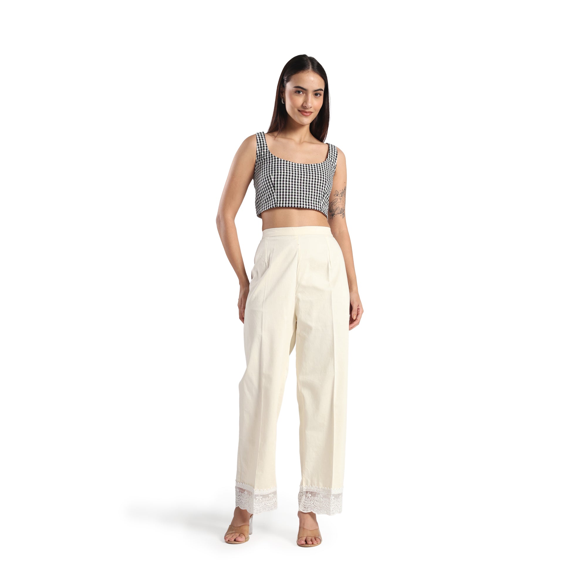 Checkered Kota Doria Patchwork 3 piece co-ord set with inner top