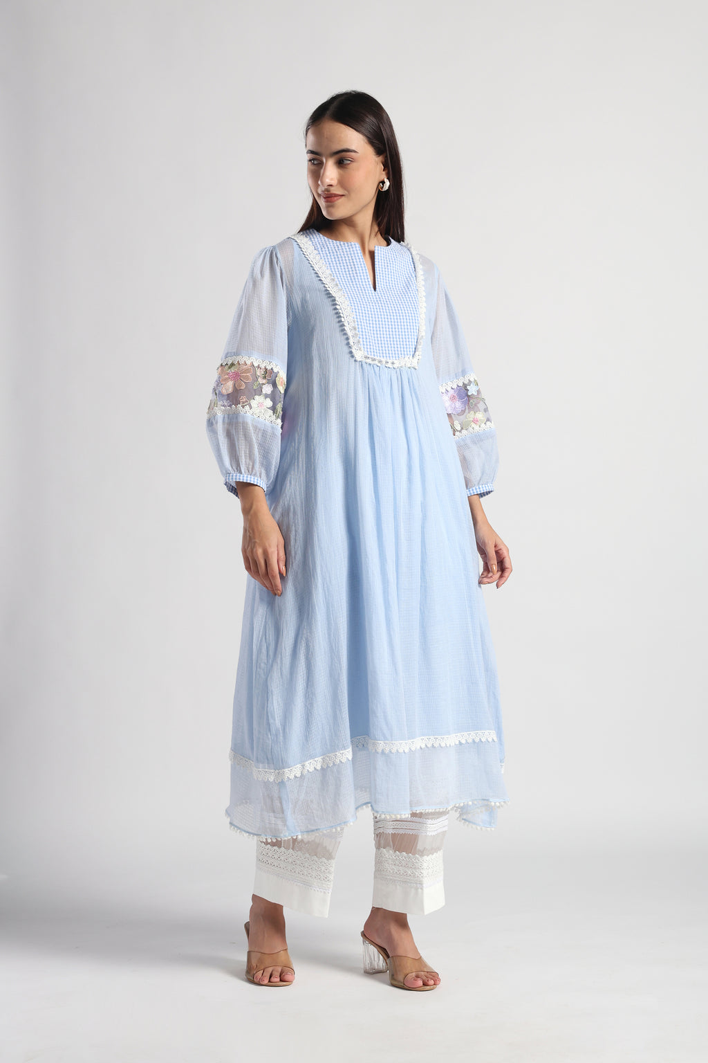 Checkered Kota Doria Patchwork A-Line dress