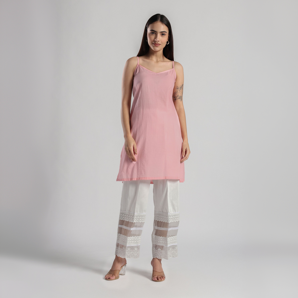 Checkered Kota Doria Patchwork A-Line Long Kurta with Pants
