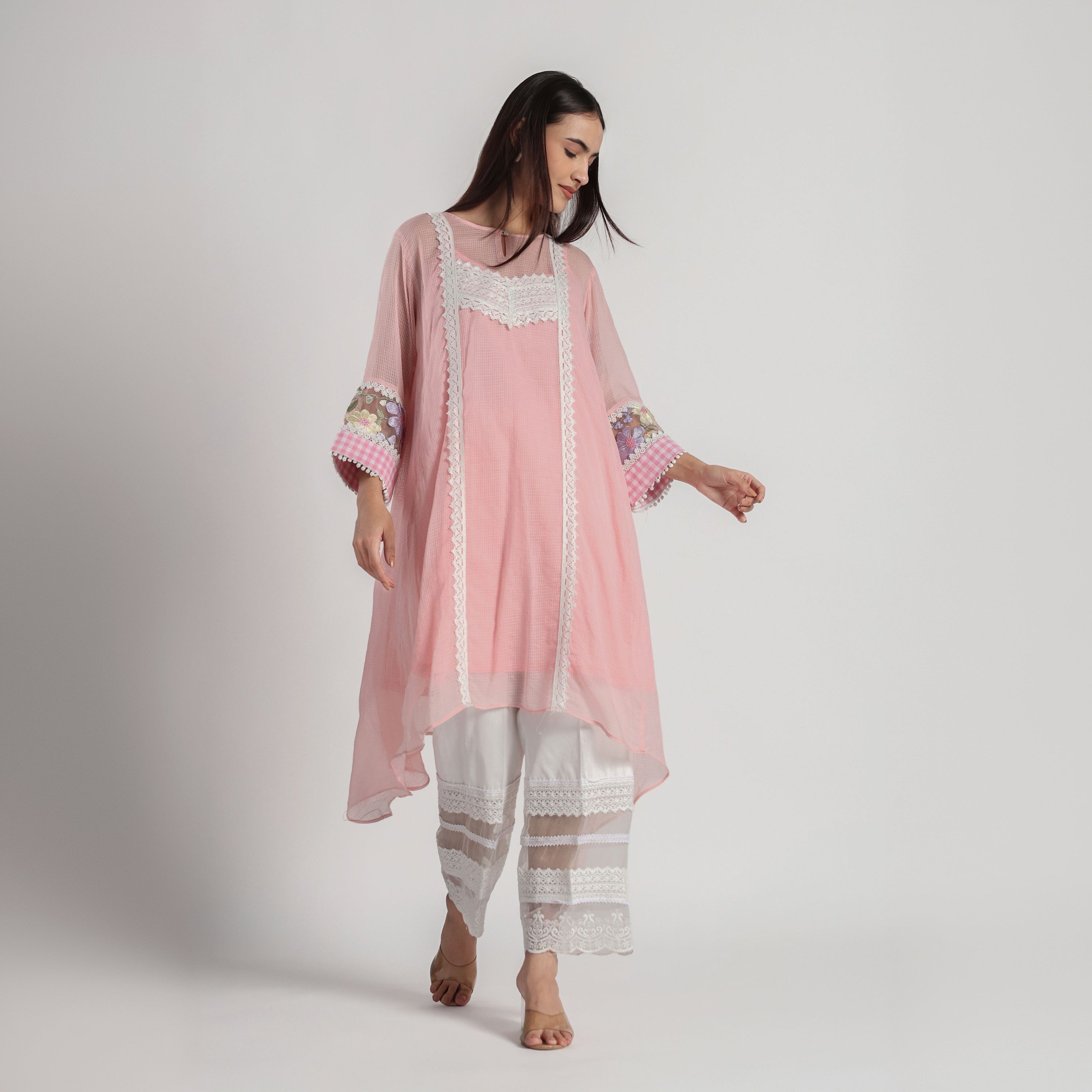 Checkered Kota Doria Patchwork A-Line Long Kurta with Pants