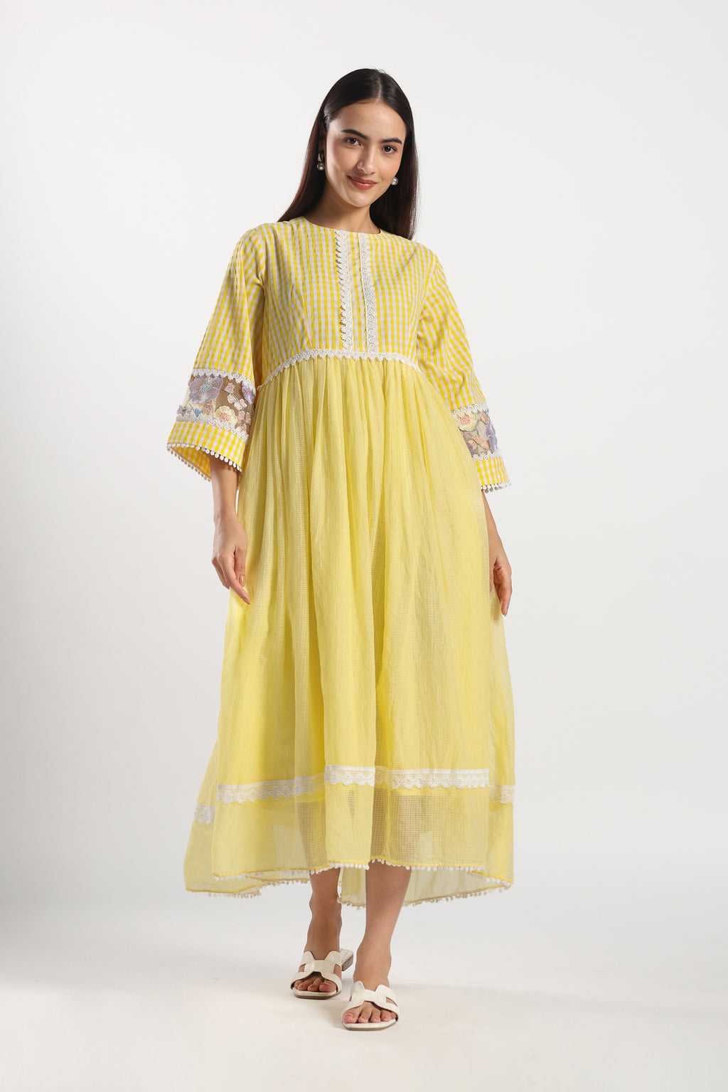 Checkered Kota Doria Patchwork gathered dress