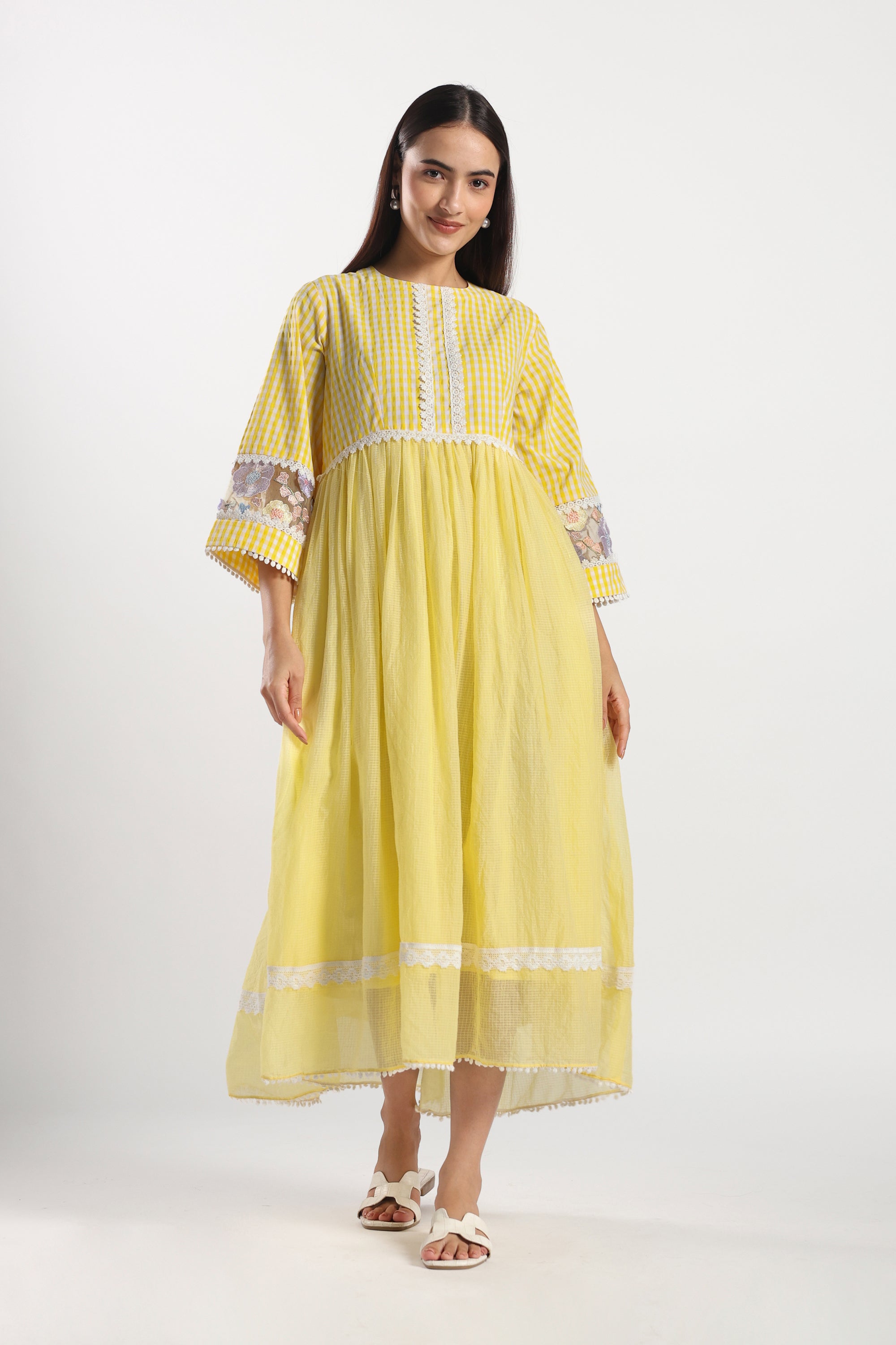Checkered Kota Doria Patchwork gathered dress