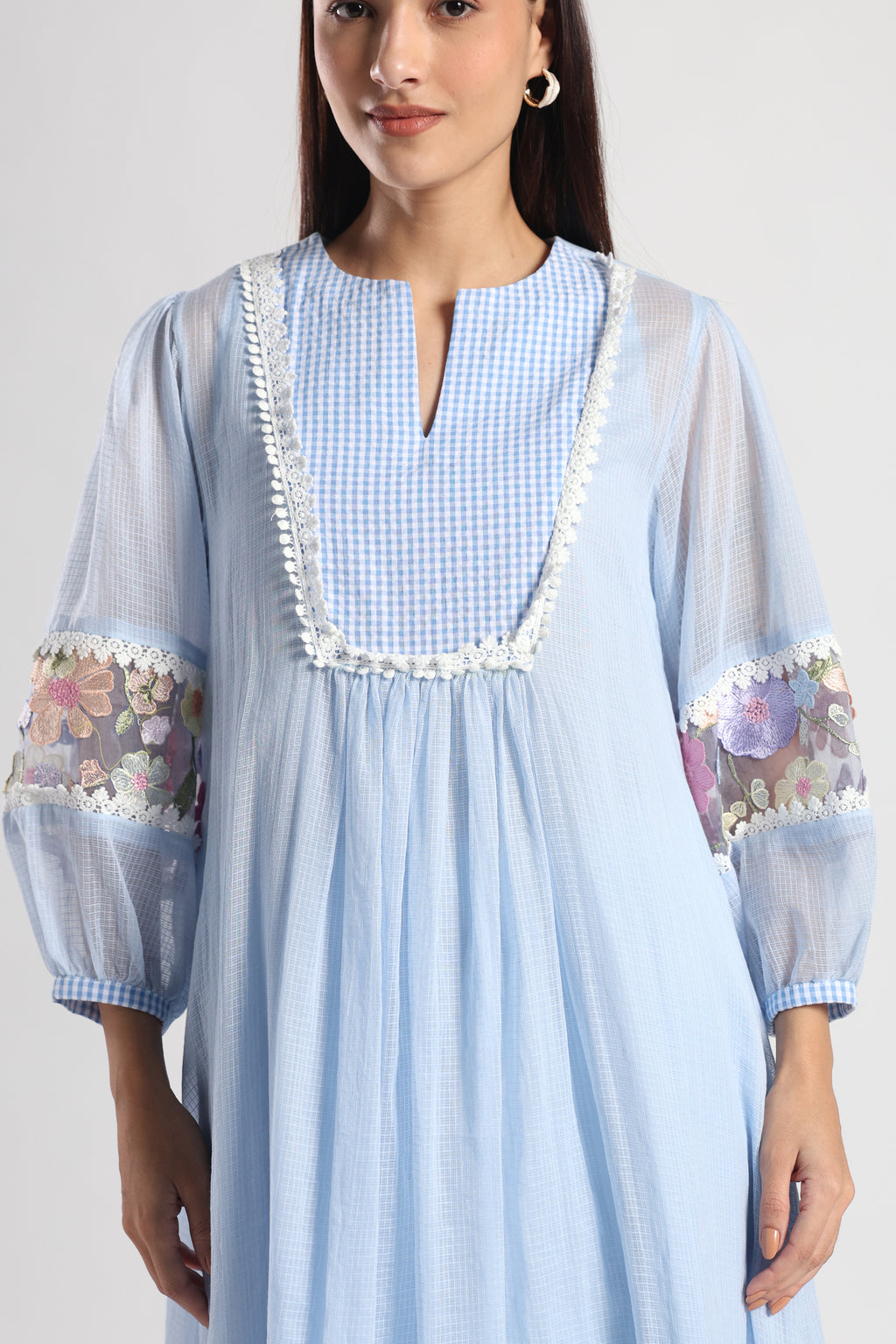 Checkered Kota Doria Patchwork A-Line dress