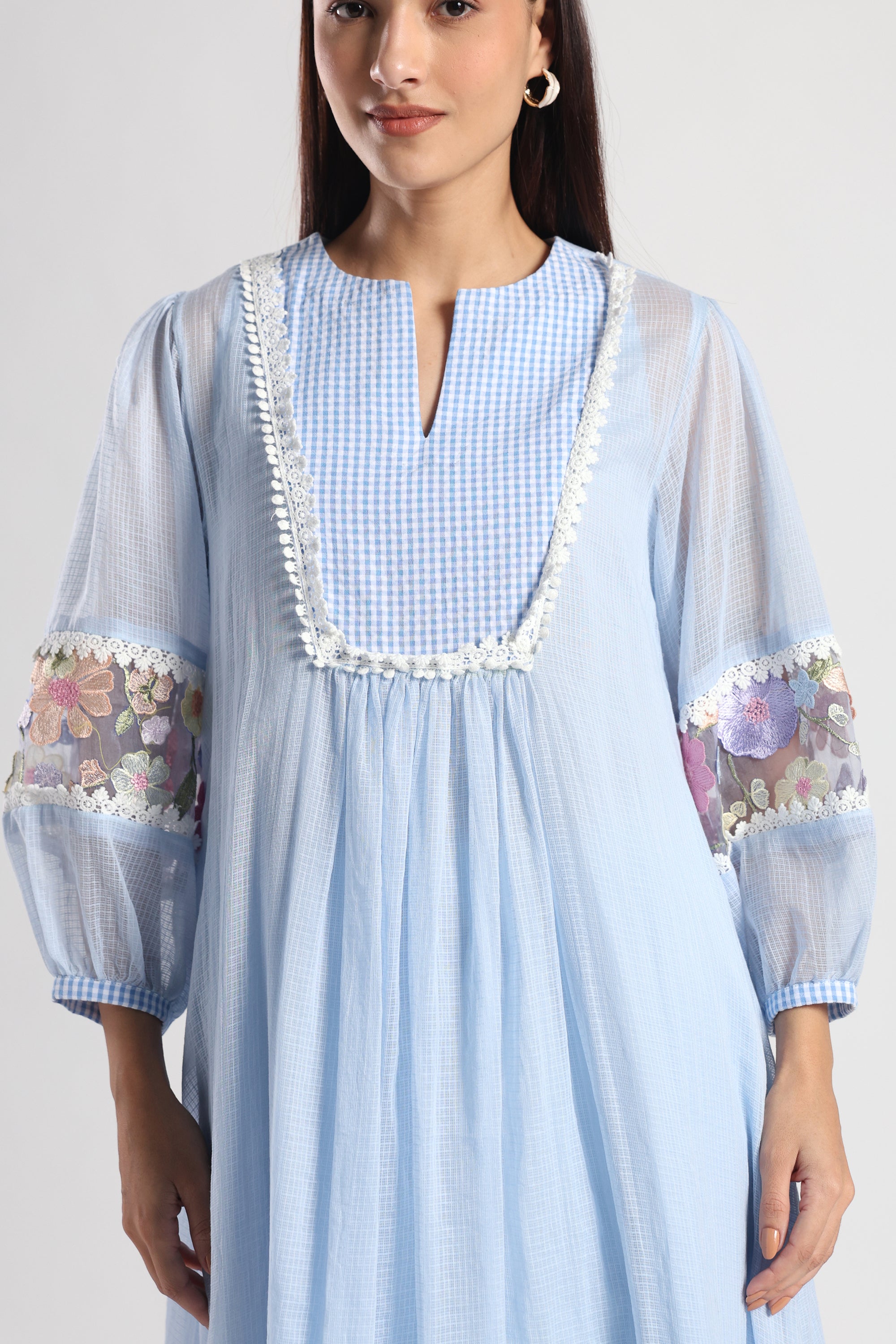 Checkered Kota Doria Patchwork A-Line dress