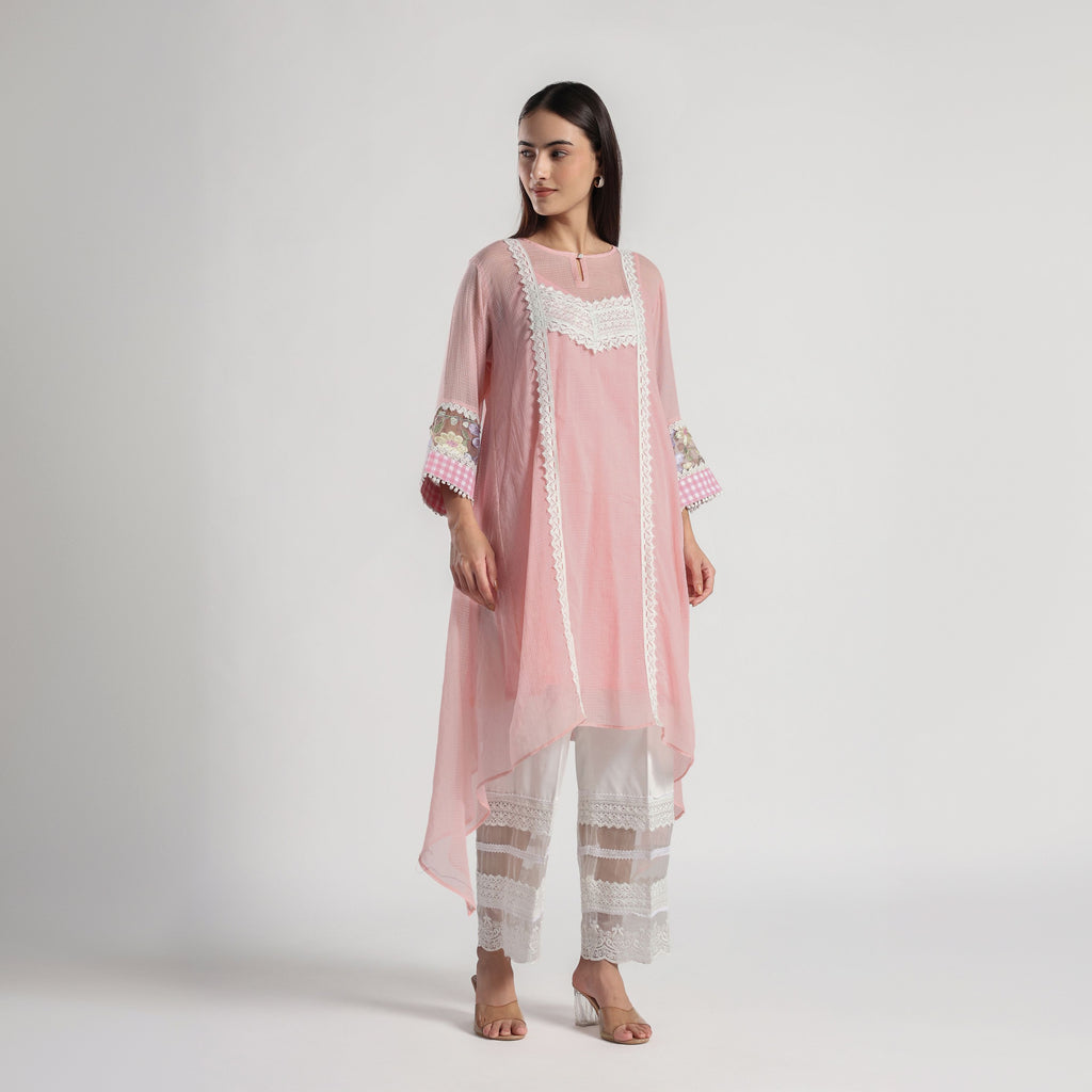 Checkered Kota Doria Patchwork A-Line Long Kurta with Pants