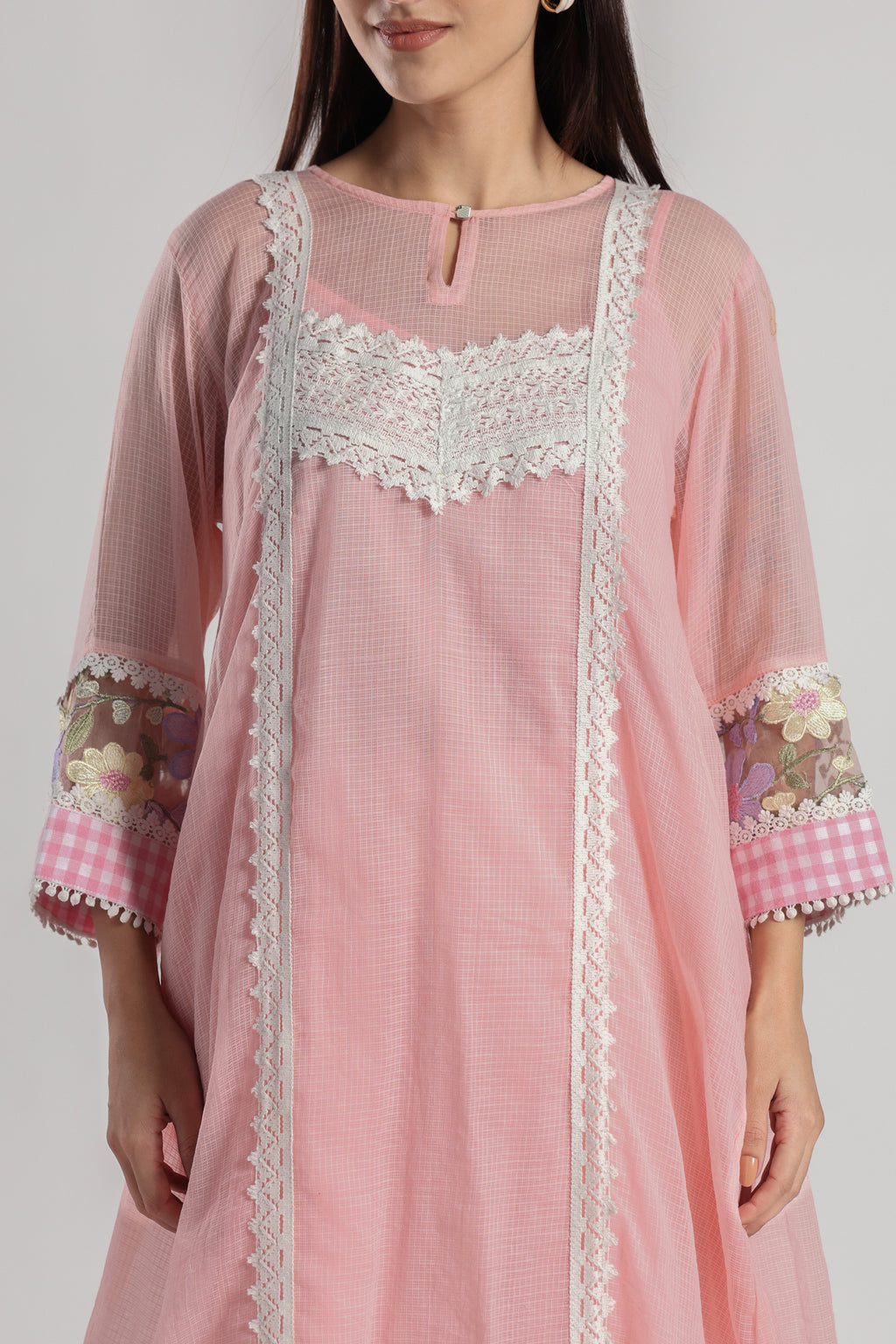 Checkered Kota Doria Patchwork A-Line Long Kurta with Pants