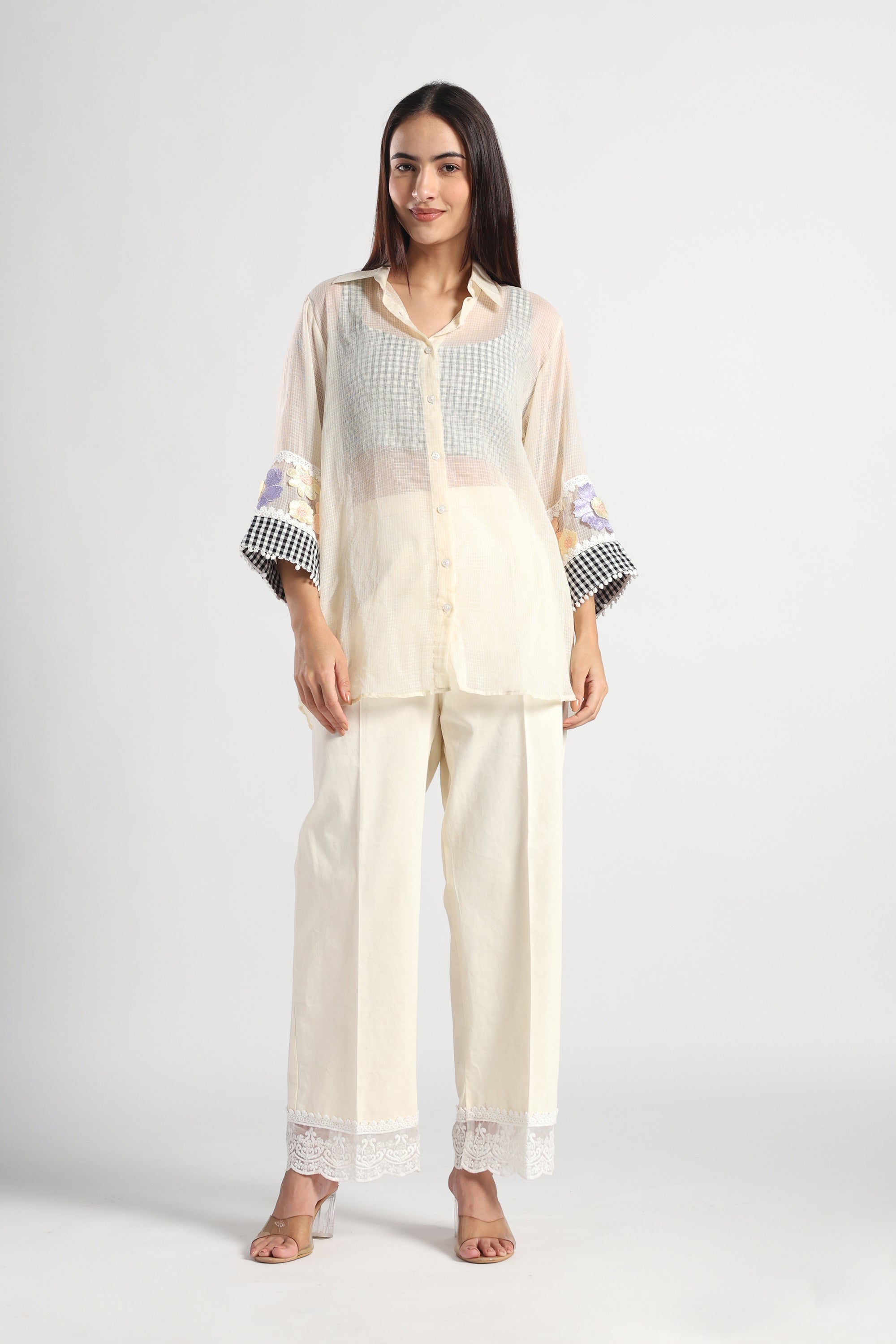 Checkered Kota Doria Patchwork 3 piece co-ord set with inner top