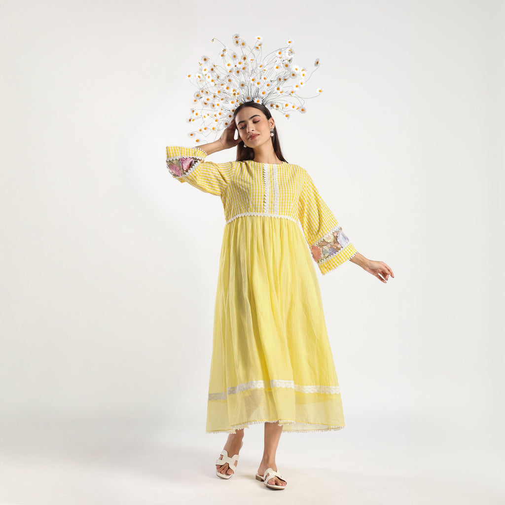 Checkered Kota Doria Patchwork gathered dress