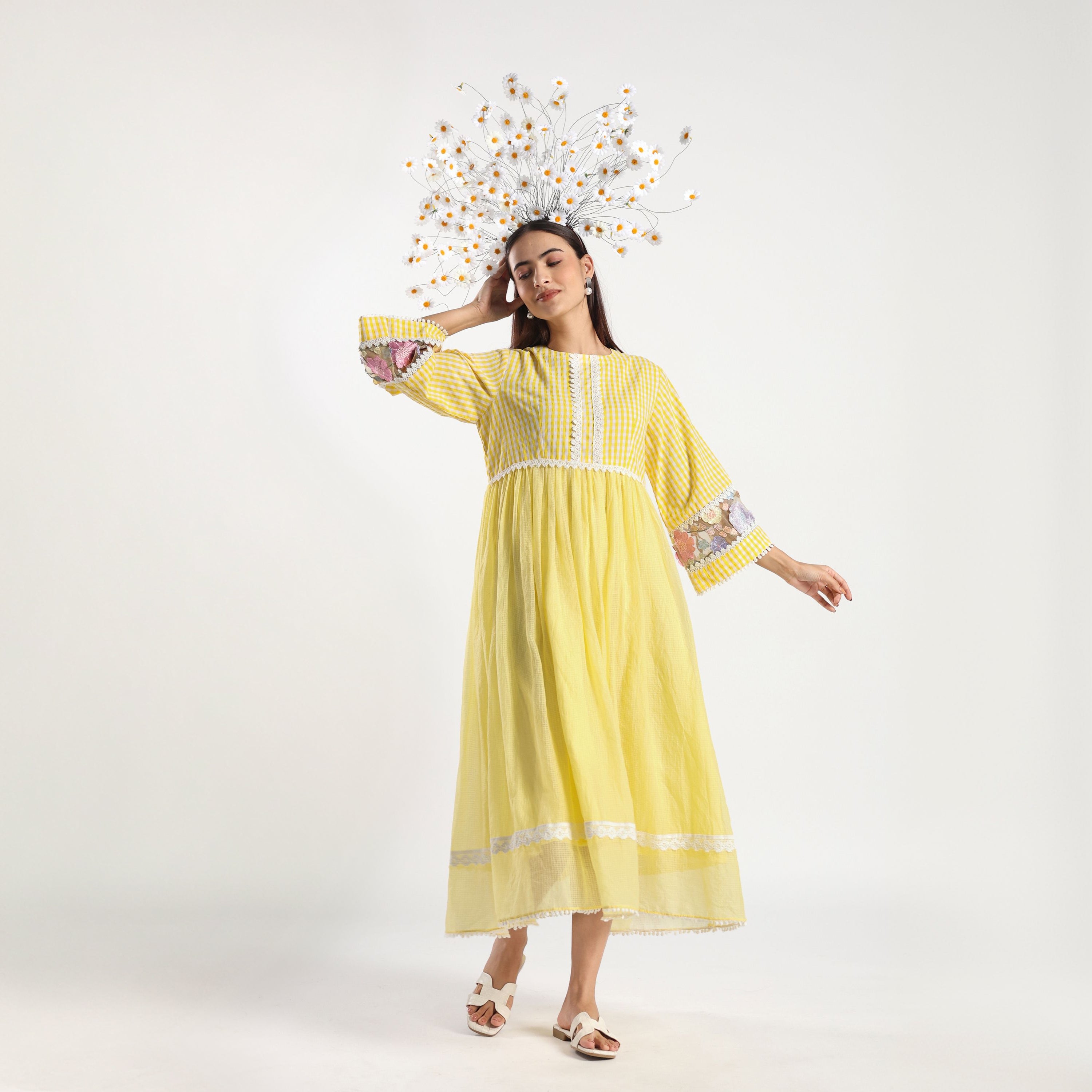 Checkered Kota Doria Patchwork gathered dress