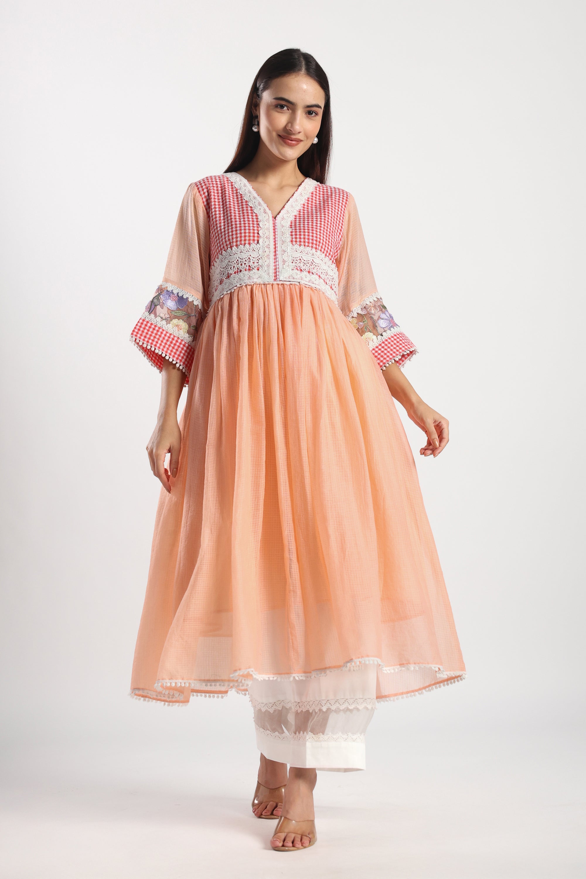 Checkered Kota Doria Patchwork 3 piece Anarkali kurta set with pant and dupatta