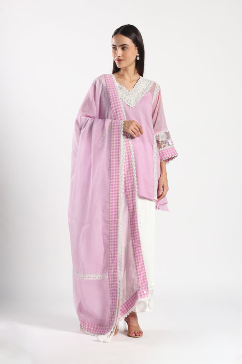 Checkered Kota Doria Patchwork 3 piece A-line short kurta set with pant and dupatta