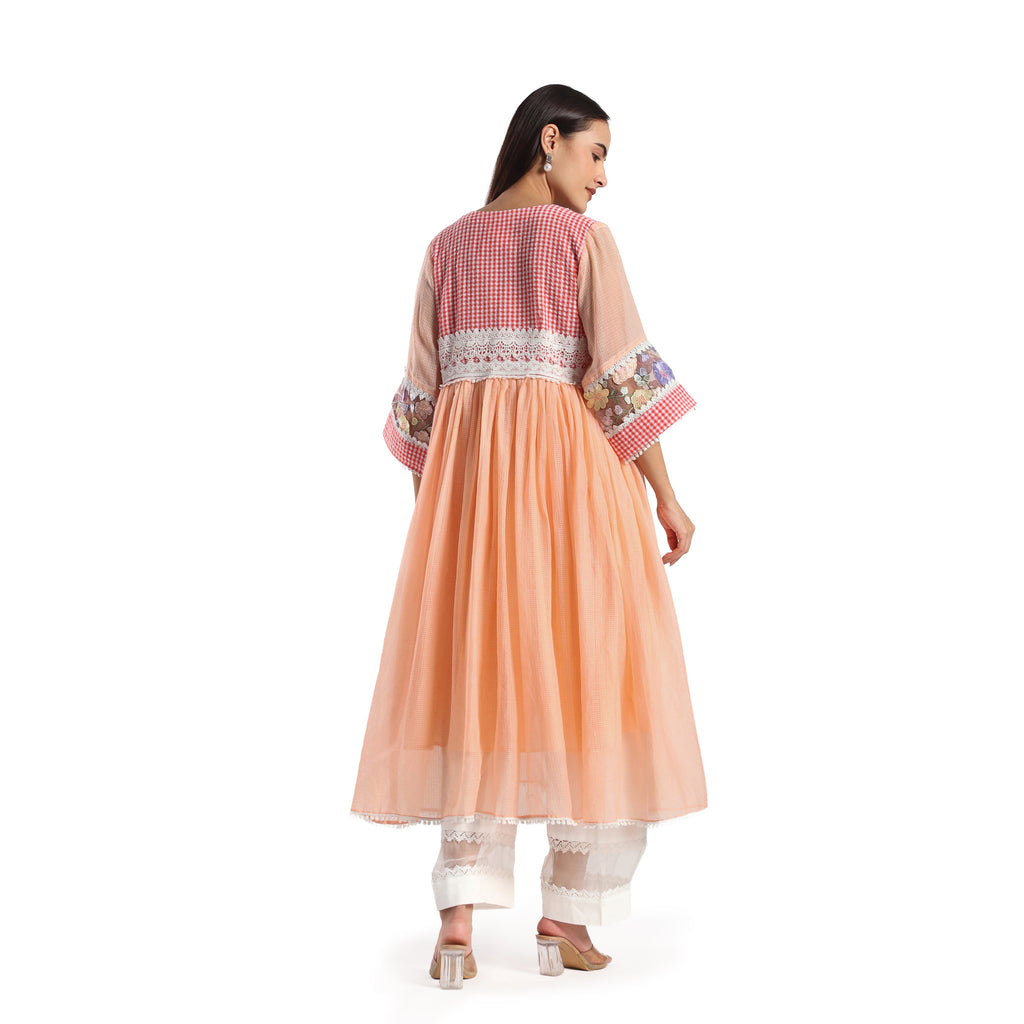 Checkered Kota Doria Patchwork 3 piece Anarkali kurta set with pant and dupatta