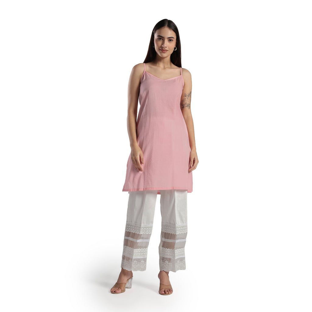 Checkered Kota Doria Patchwork A-Line Long Kurta with Pants