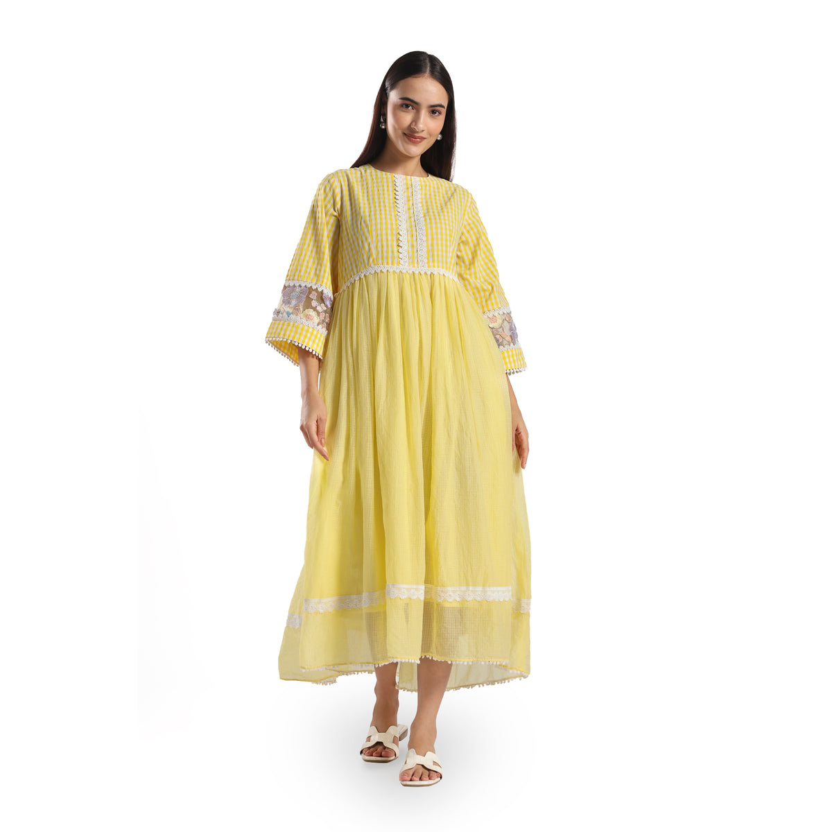 Checkered Kota Doria Patchwork gathered dress