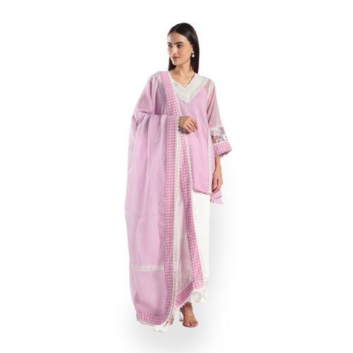 Checkered Kota Doria Patchwork 3 piece A-line short kurta set with pant and dupatta
