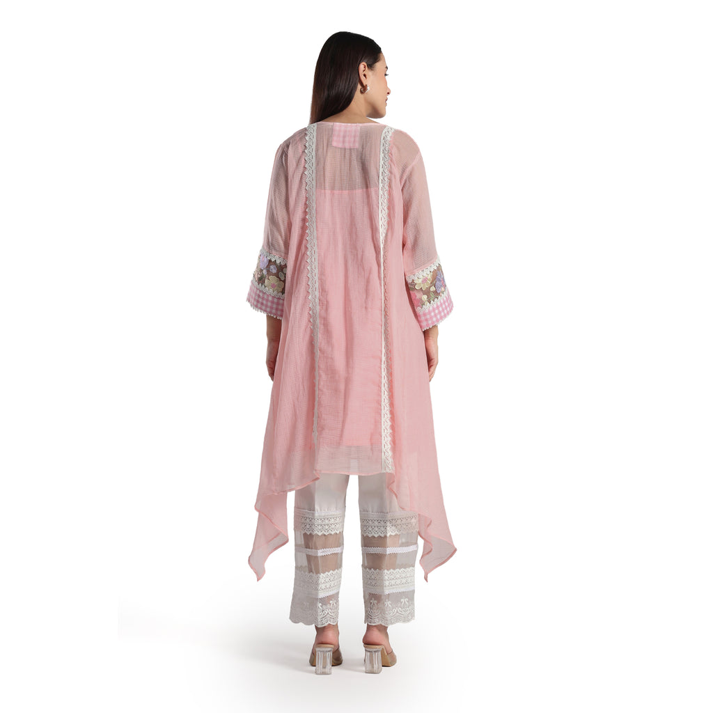 Checkered Kota Doria Patchwork A-Line Long Kurta with Pants
