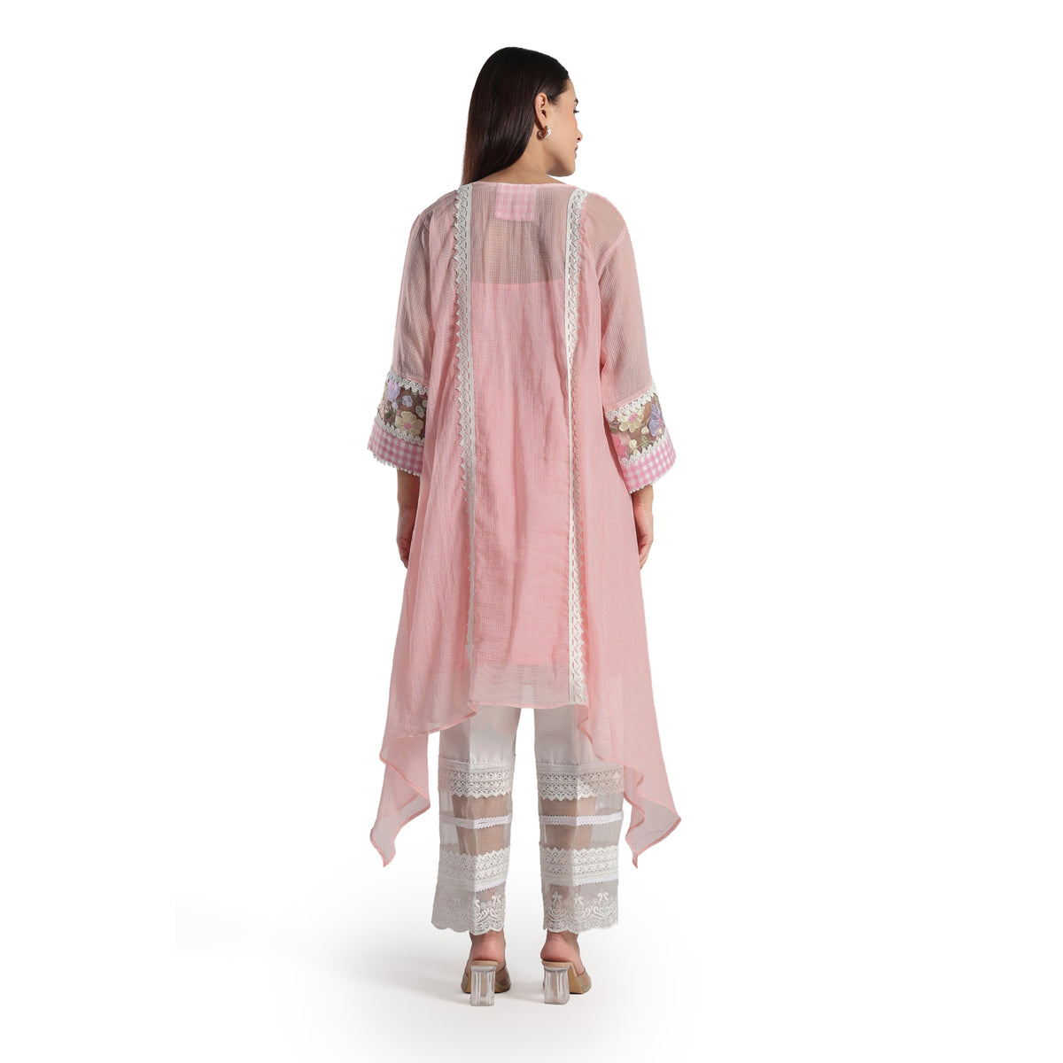 Checkered Kota Doria Patchwork A-Line Long Kurta with Pants