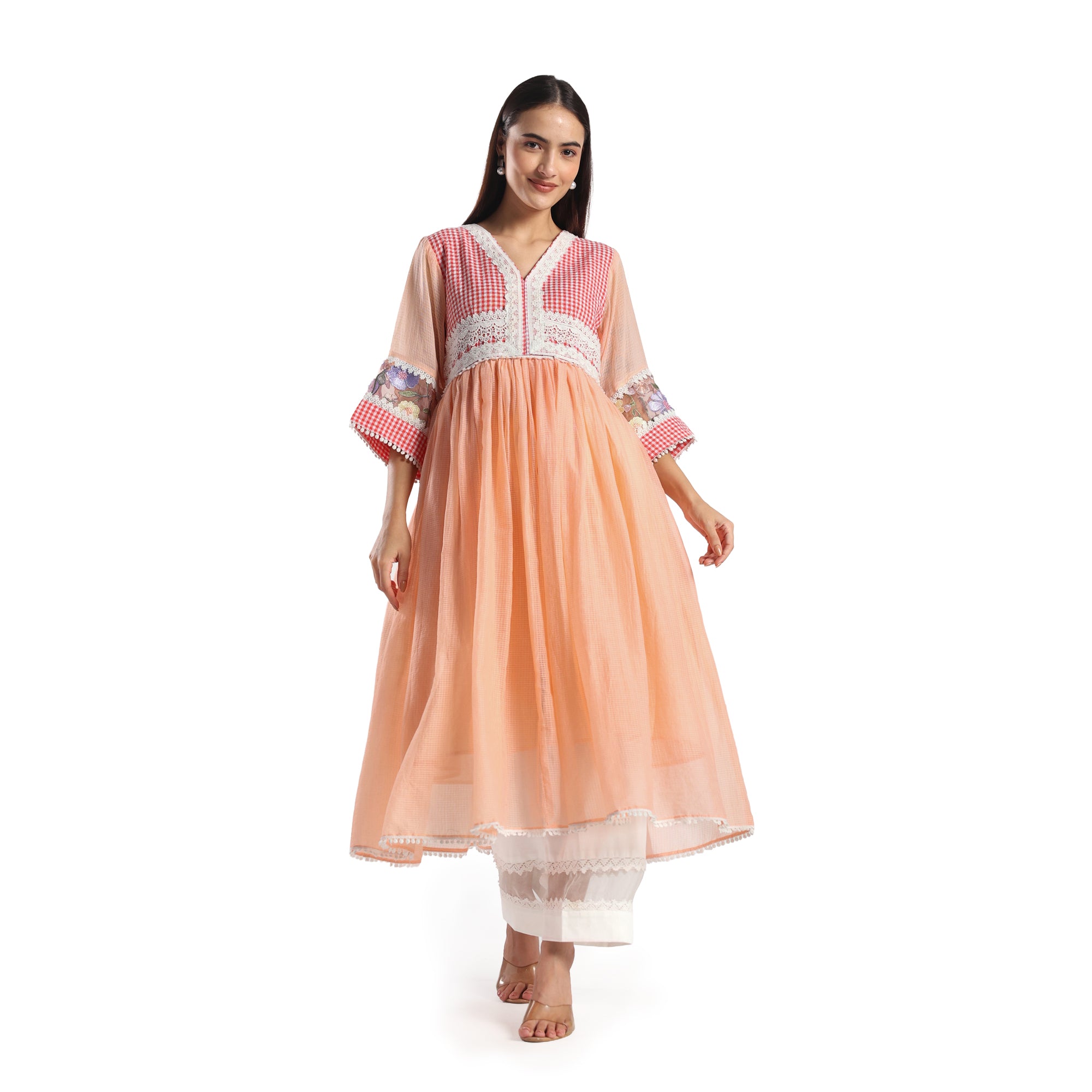 Checkered Kota Doria Patchwork 3 piece Anarkali kurta set with pant and dupatta