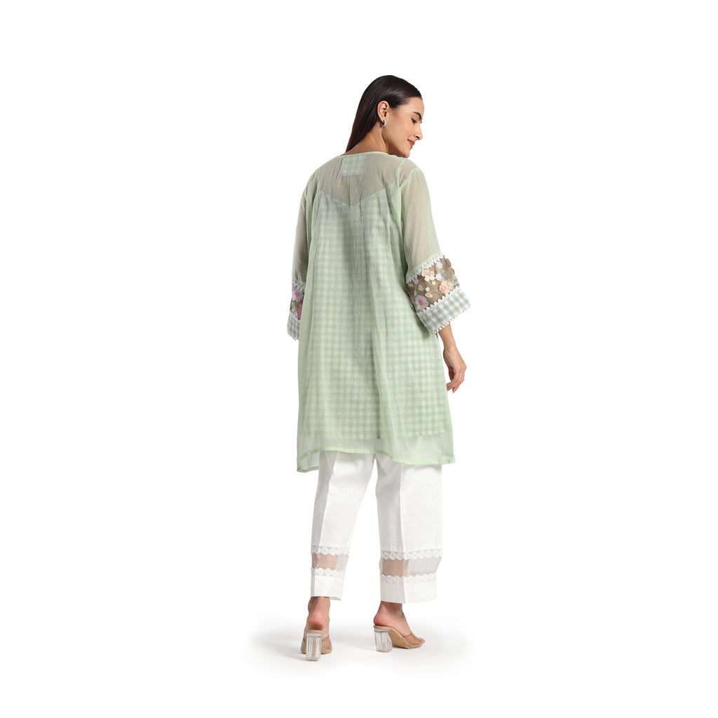 Checkered Kota Doria Patchwork A-Line Kurta with Pants
