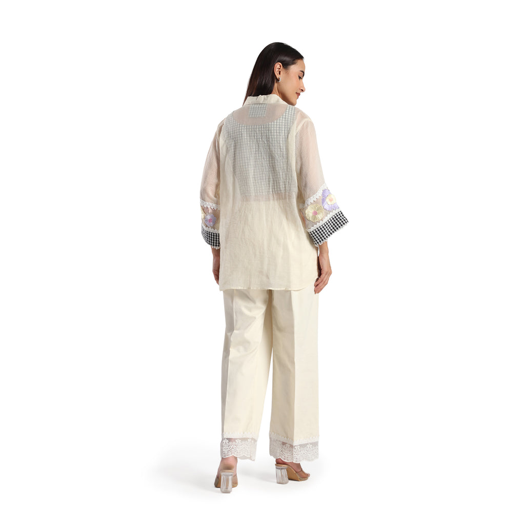 Checkered Kota Doria Patchwork 3 piece co-ord set with inner top