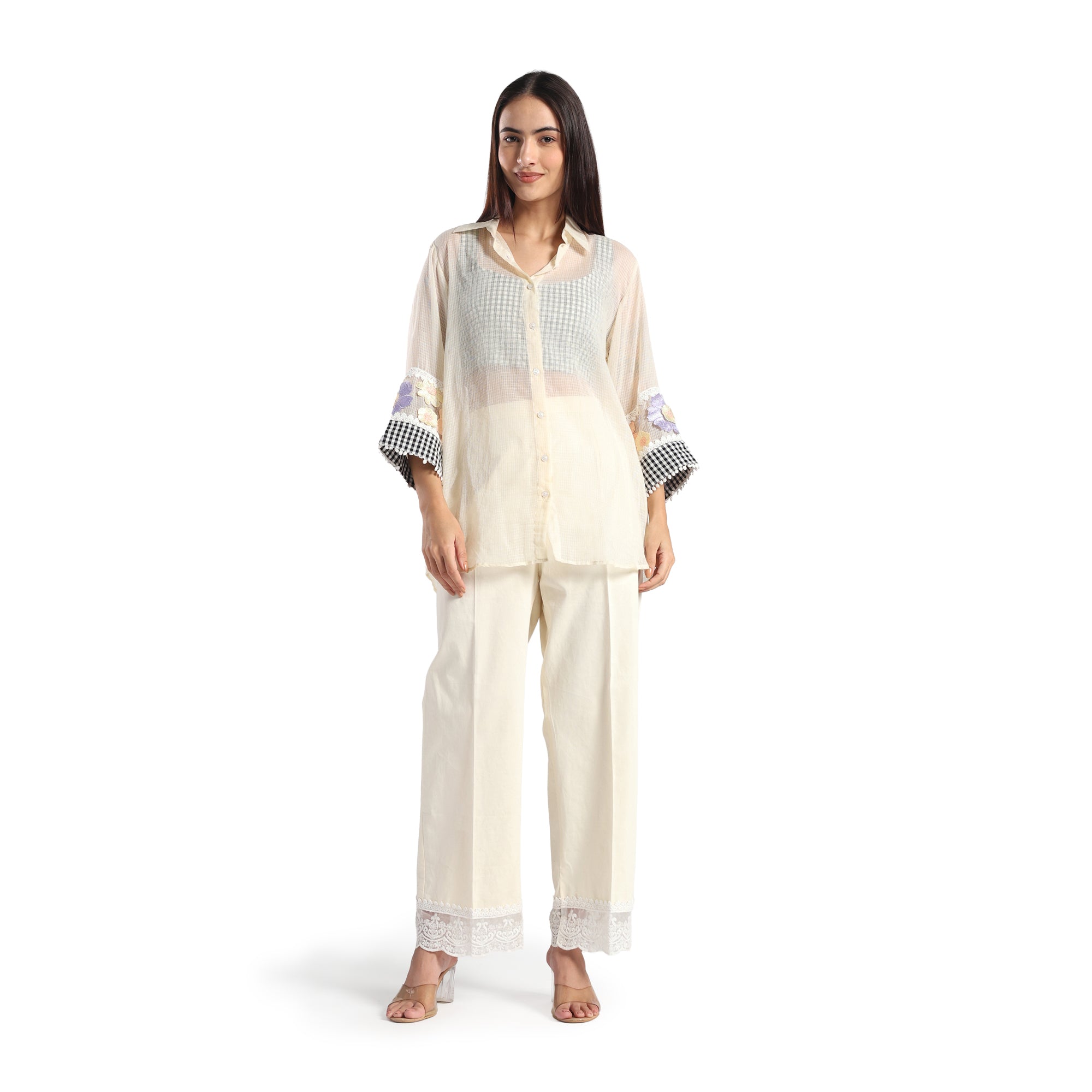 Checkered Kota Doria Patchwork 3 piece co-ord set with inner top