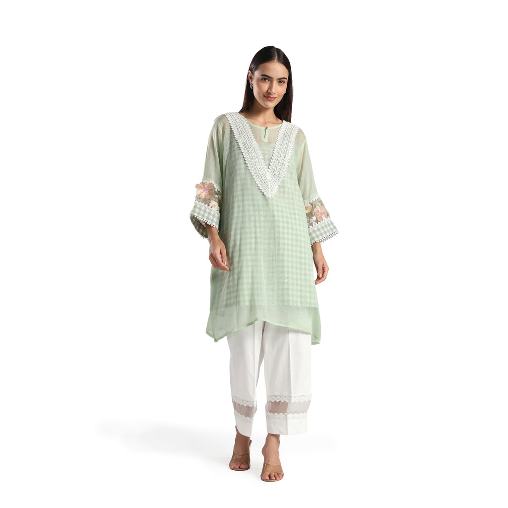 Checkered Kota Doria Patchwork A-Line Kurta with Pants