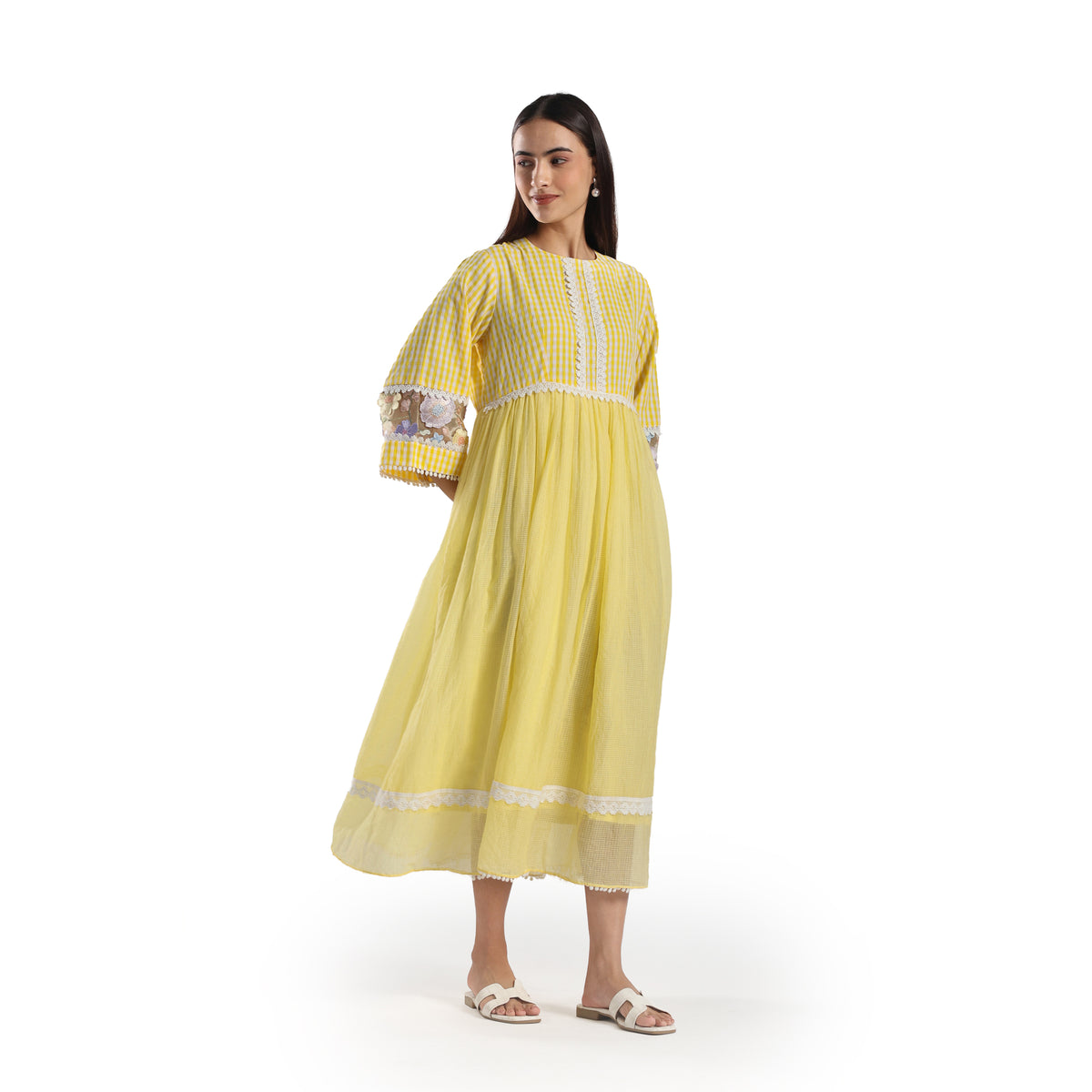 Checkered Kota Doria Patchwork gathered dress