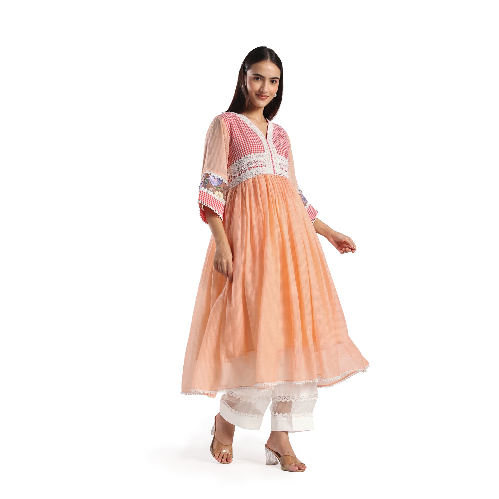 Checkered Kota Doria Patchwork 3 piece Anarkali kurta set with pant and dupatta
