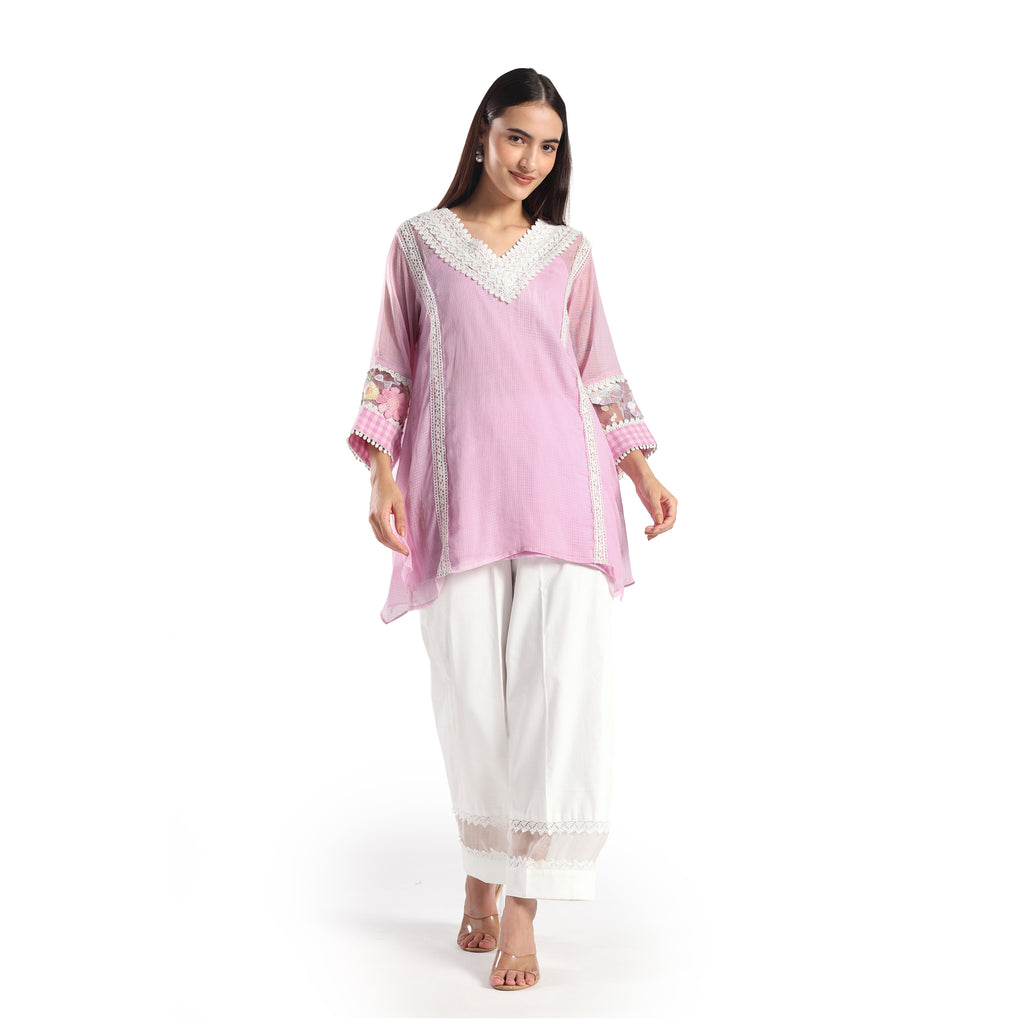 Checkered Kota Doria Patchwork 3 piece A-line short kurta set with pant and dupatta
