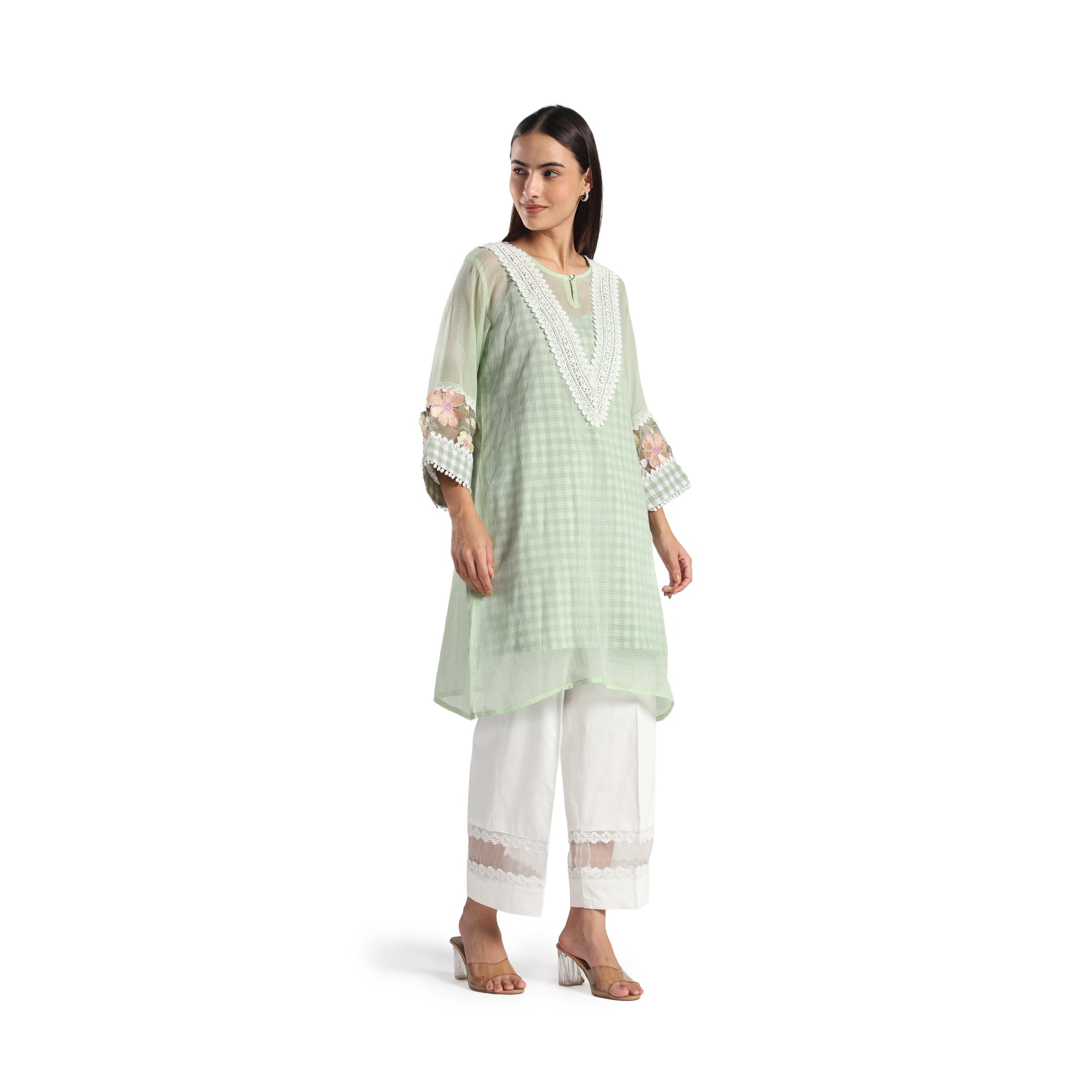 Checkered Kota Doria Patchwork A-Line Kurta with Pants