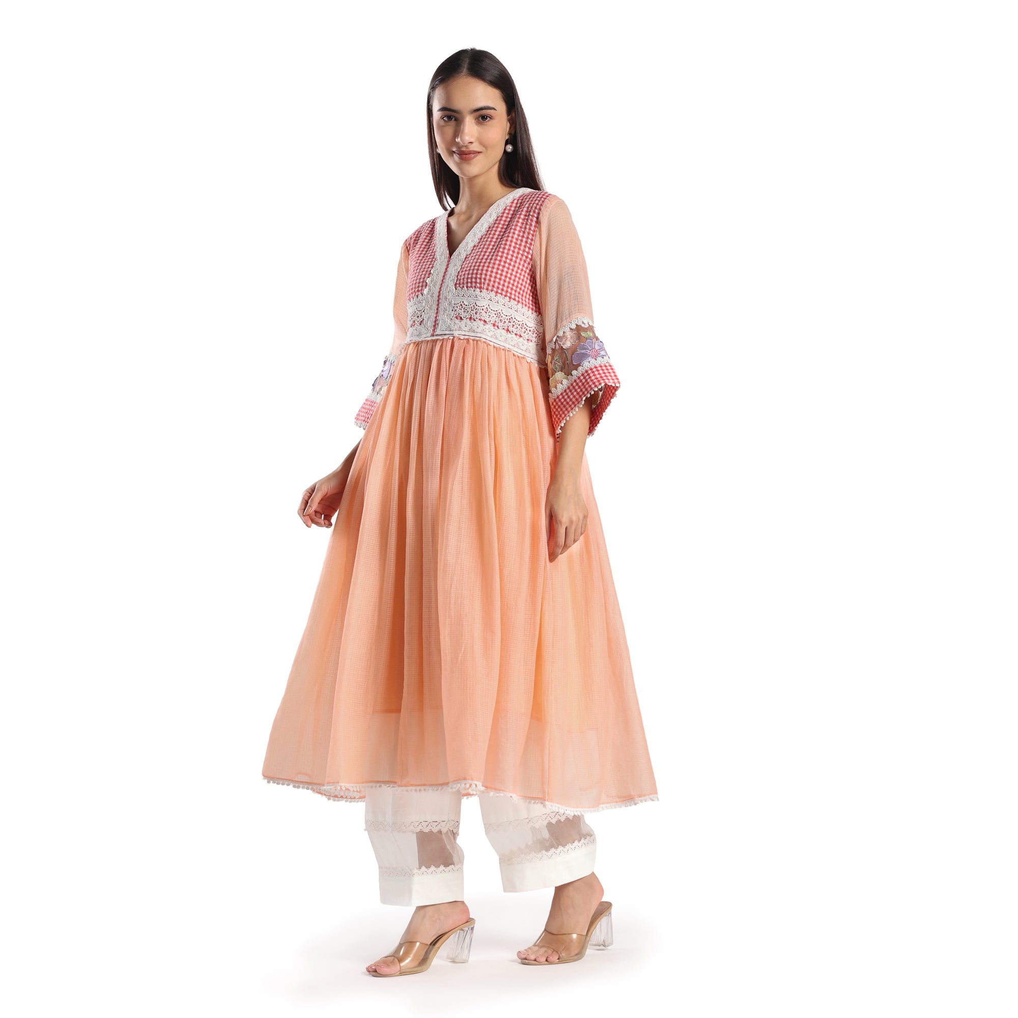 Checkered Kota Doria Patchwork 3 piece Anarkali kurta set with pant and dupatta