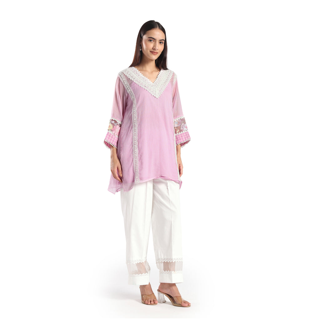Checkered Kota Doria Patchwork 3 piece A-line short kurta set with pant and dupatta