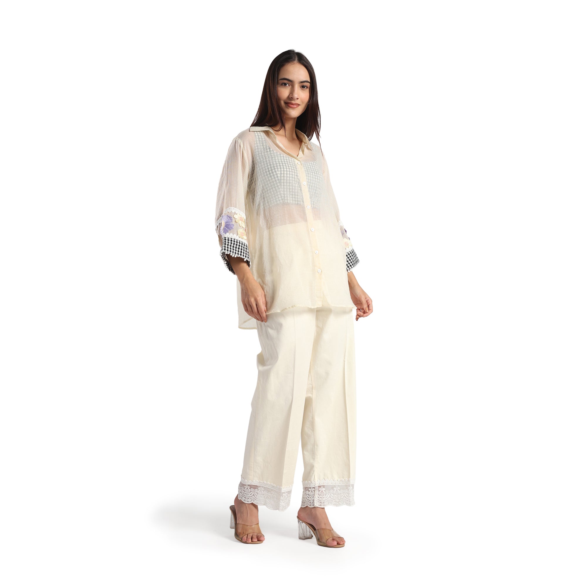 Checkered Kota Doria Patchwork 3 piece co-ord set with inner top