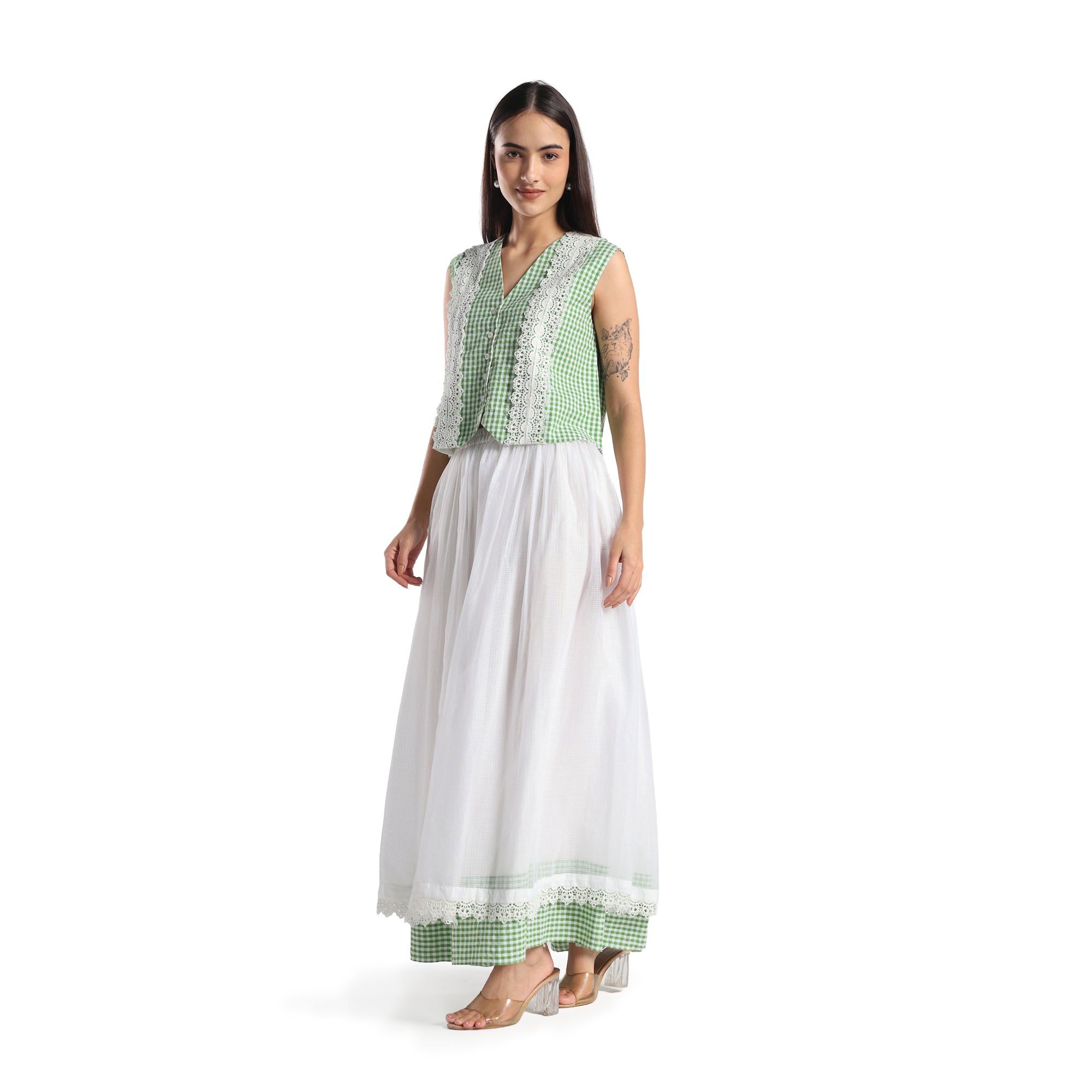 Checkered Kota Doria waist jacket and gathered skirt