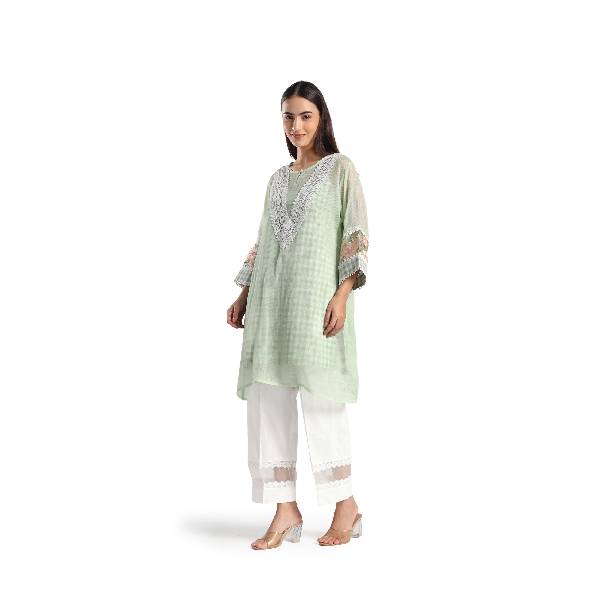 Checkered Kota Doria Patchwork A-Line Kurta with Pants
