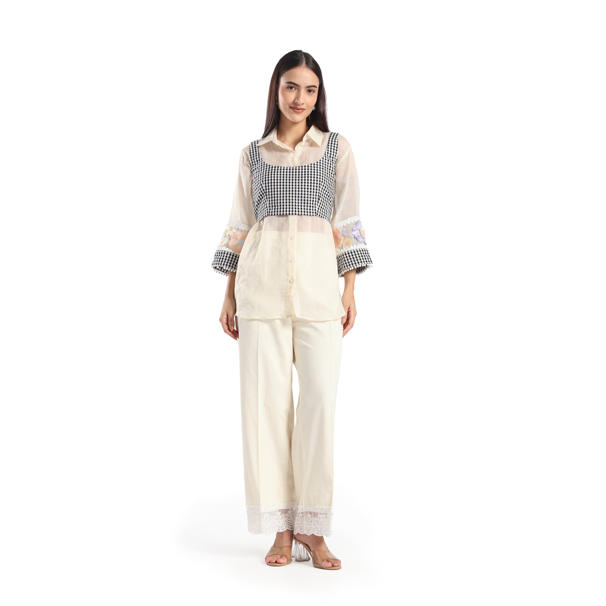Checkered Kota Doria Patchwork 3 piece co-ord set with inner top