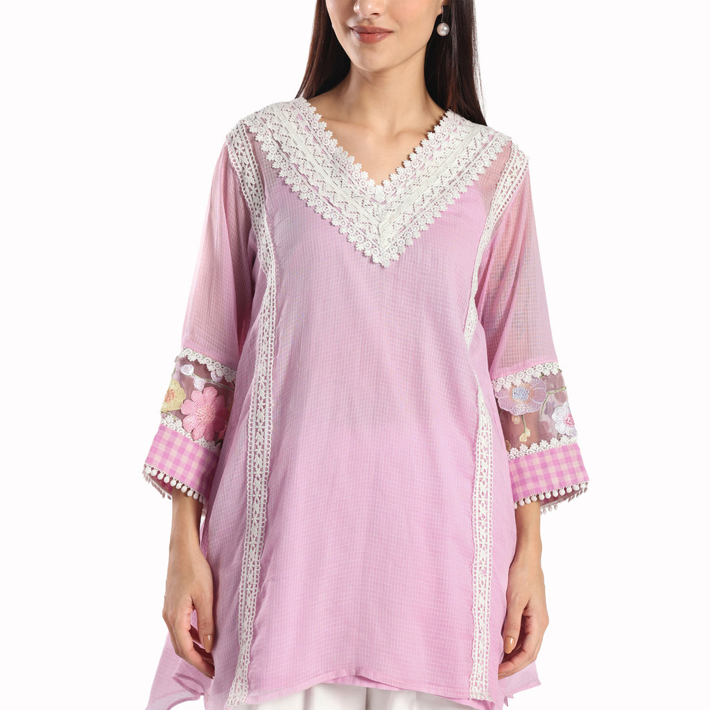 Checkered Kota Doria Patchwork 3 piece A-line short kurta set with pant and dupatta