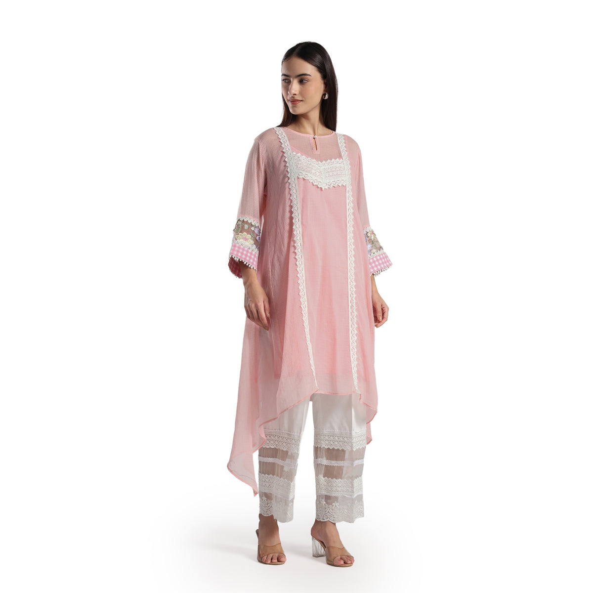 Checkered Kota Doria Patchwork A-Line Long Kurta with Pants