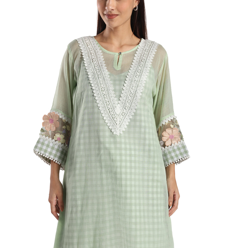 Checkered Kota Doria Patchwork A-Line Kurta with Pants