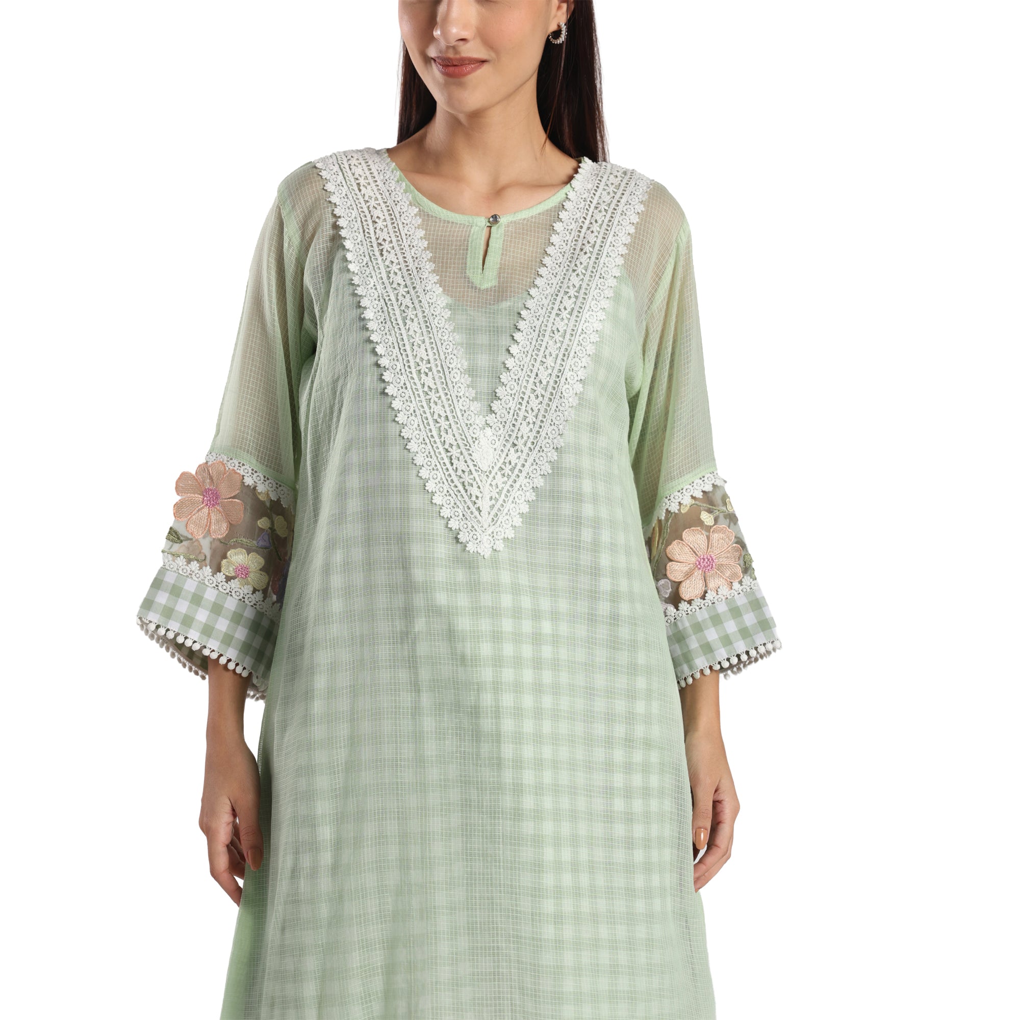 Checkered Kota Doria Patchwork A-Line Kurta with Pants