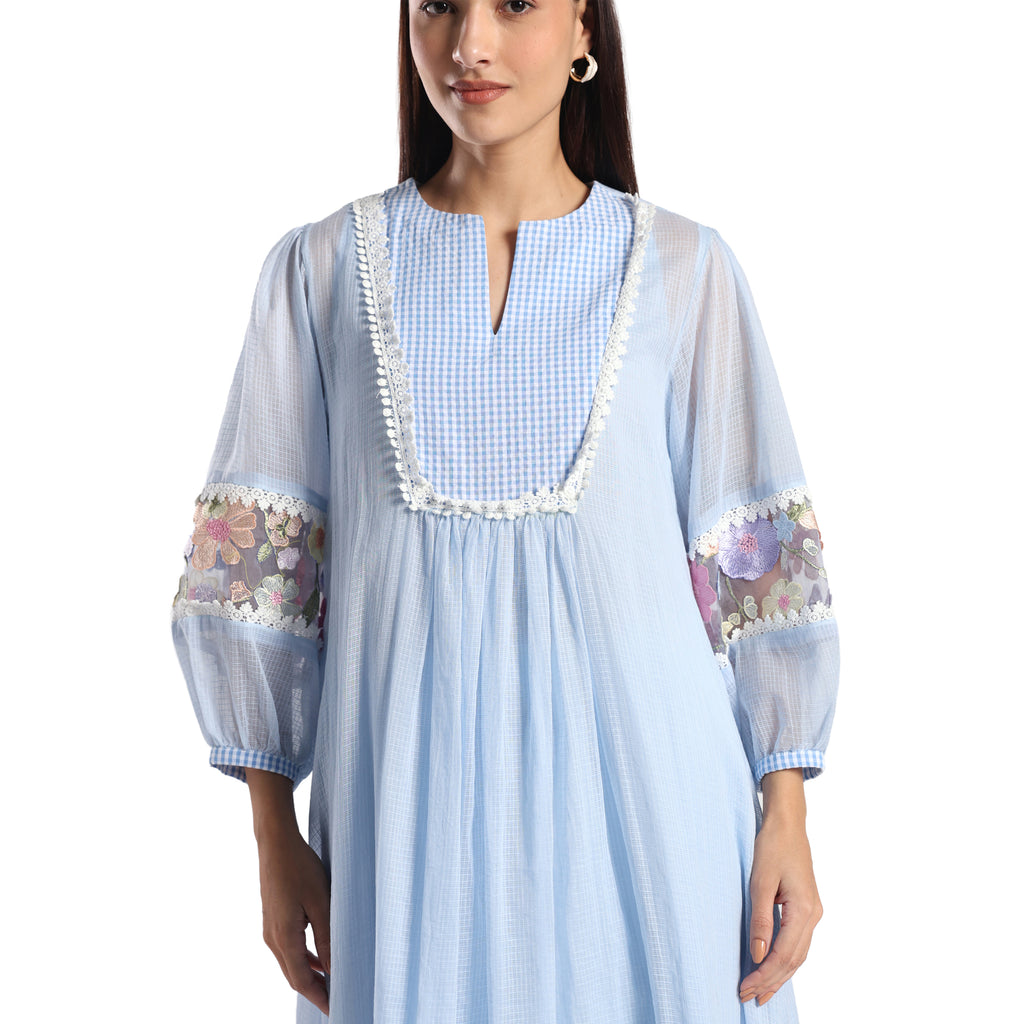 Checkered Kota Doria Patchwork A-Line dress