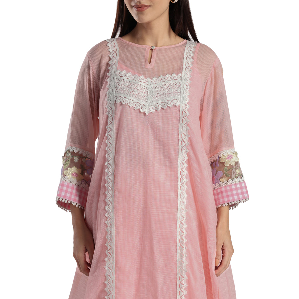 Checkered Kota Doria Patchwork A-Line Long Kurta with Pants