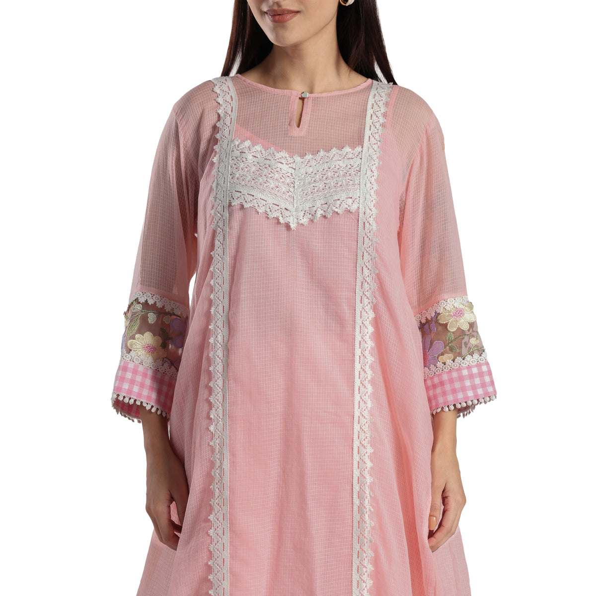 Checkered Kota Doria Patchwork A-Line Long Kurta with Pants