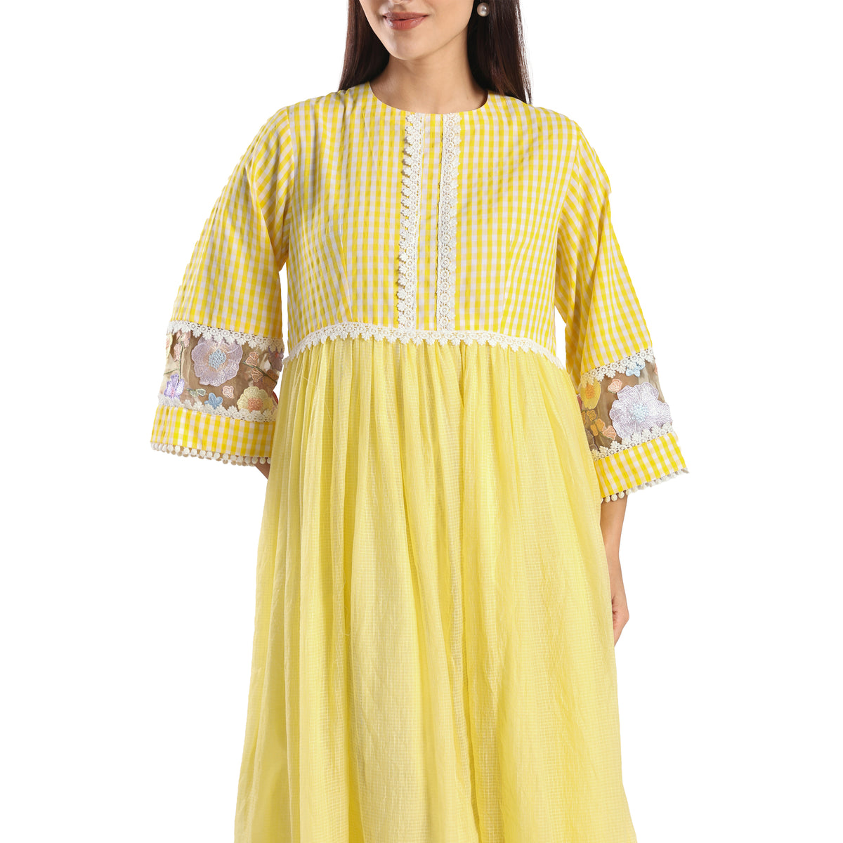 Checkered Kota Doria Patchwork gathered dress
