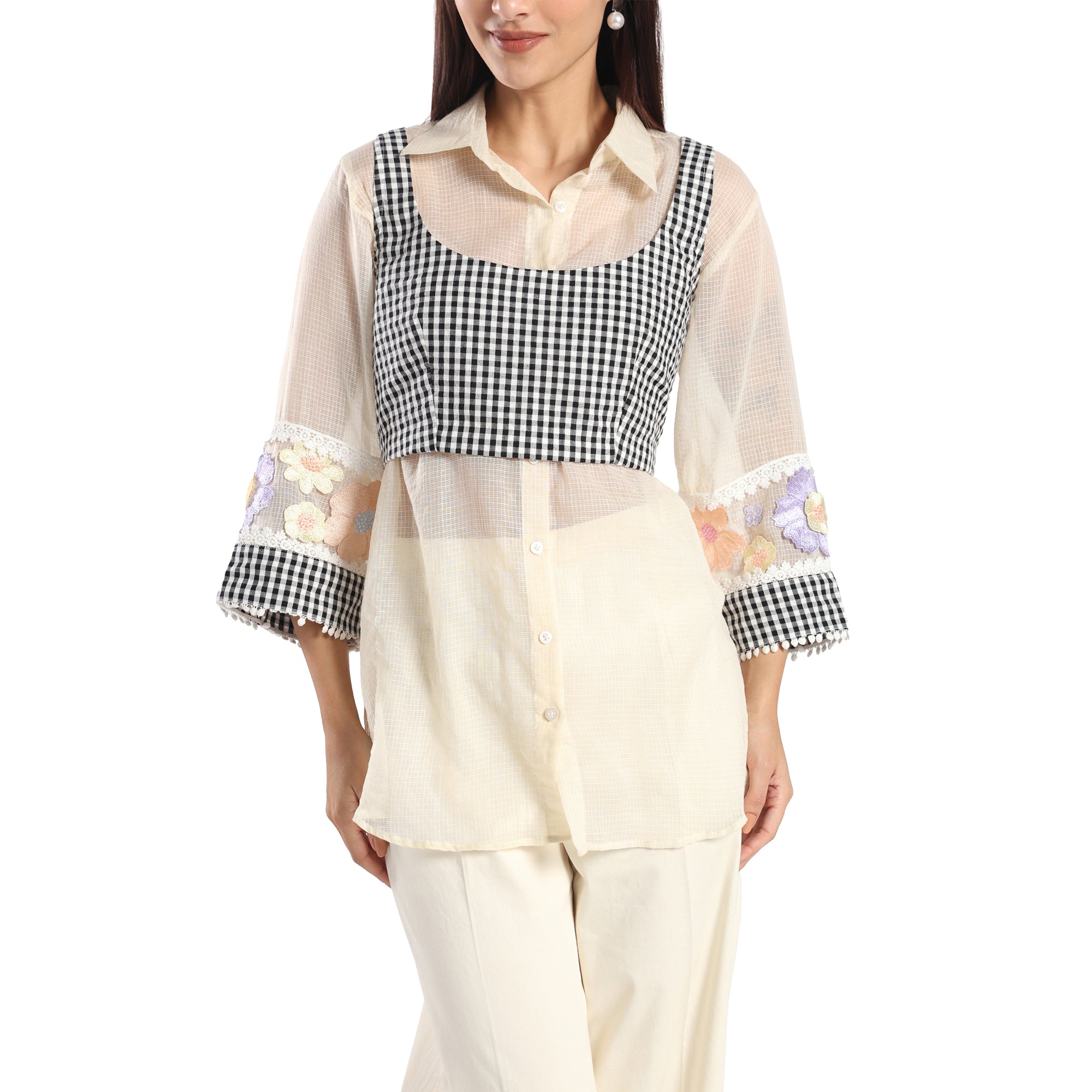 Checkered Kota Doria Patchwork 3 piece co-ord set with inner top