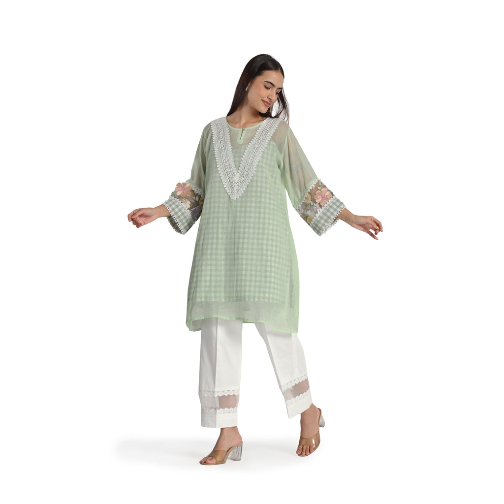 Checkered Kota Doria Patchwork A-Line Kurta with Pants