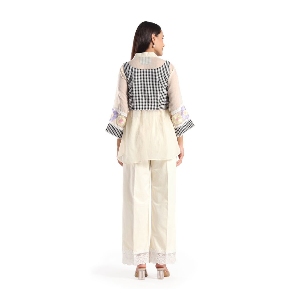 Checkered Kota Doria Patchwork 3 piece co-ord set with inner top