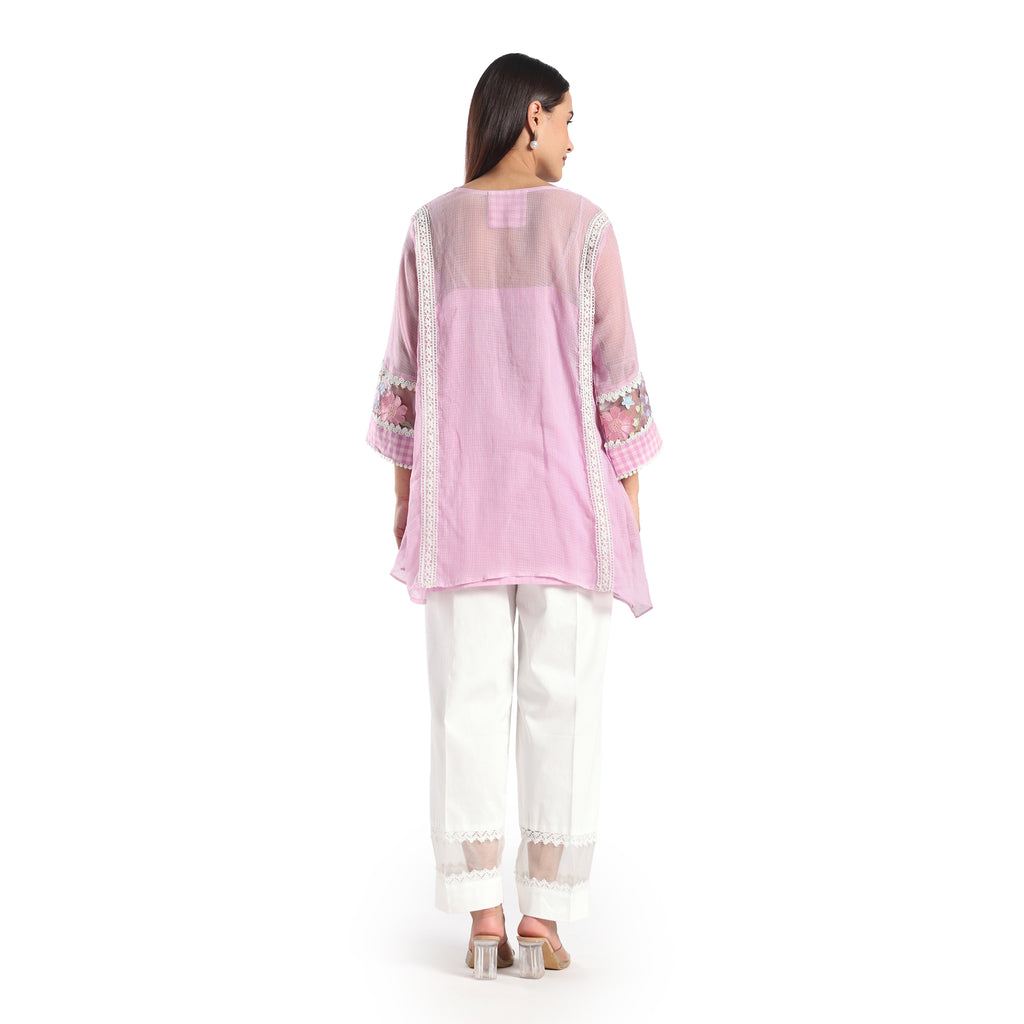 Checkered Kota Doria Patchwork 3 piece A-line short kurta set with pant and dupatta