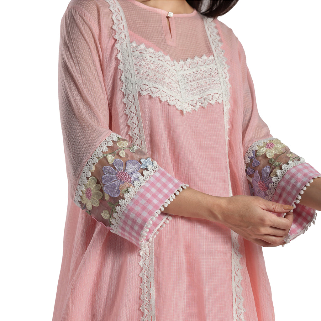 Checkered Kota Doria Patchwork A-Line Long Kurta with Pants